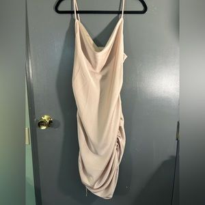 Beige cowl neck ruched sides satin dress